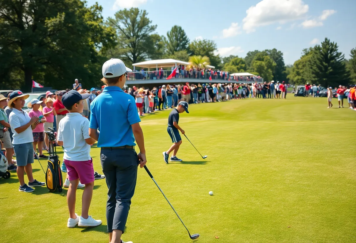 Junior golfers competing on a lush green golf course.
