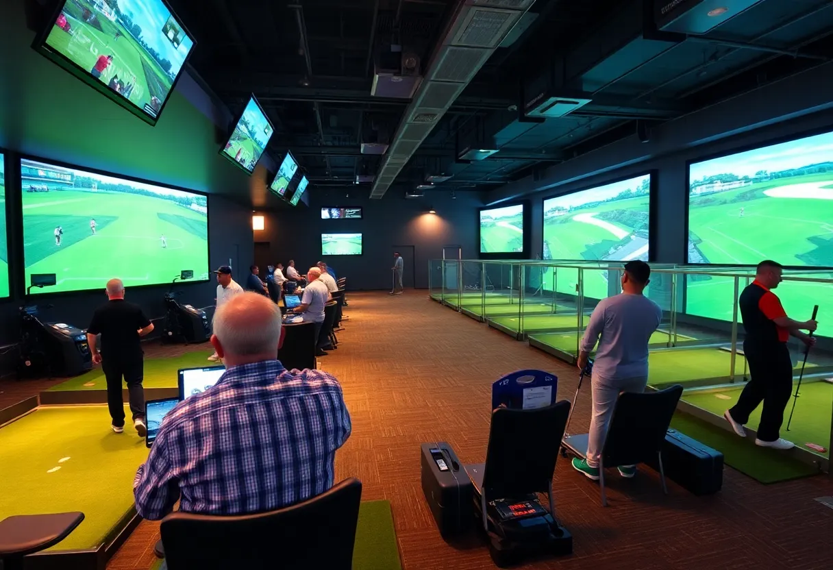 Overview of Golfzon Social with golf simulators and energetic atmosphere
