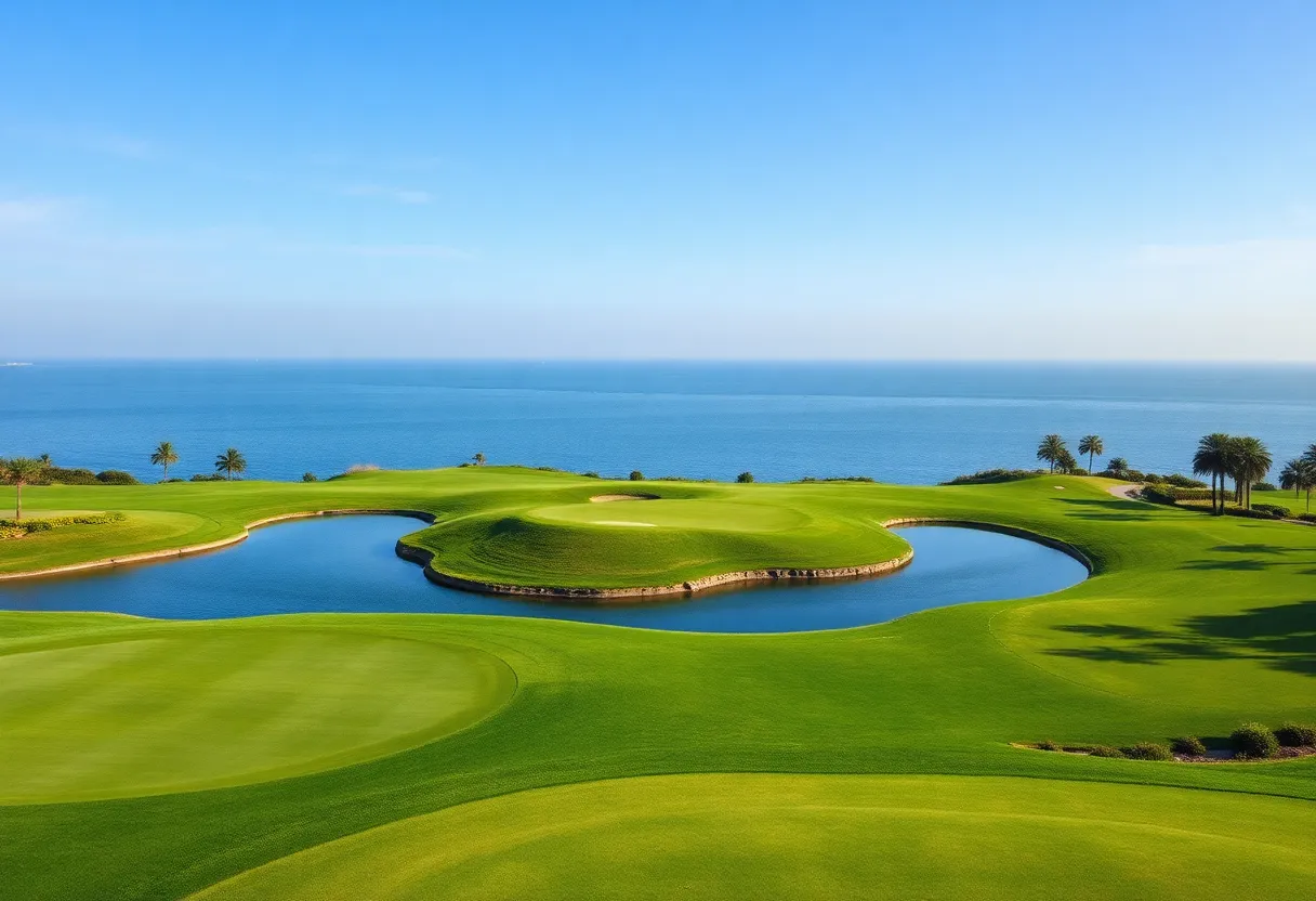 Stunning view of a golf course featuring undulating greens and an island green