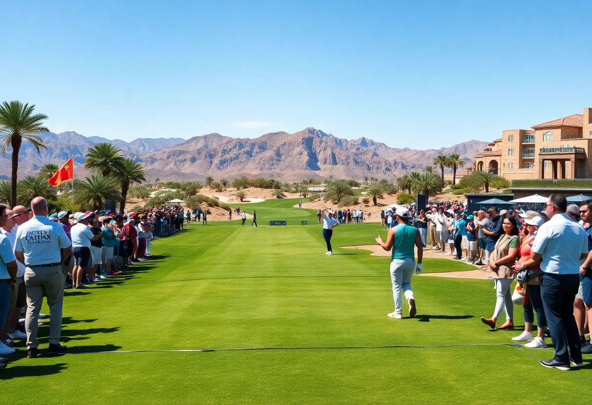 Golfers at the Hero Dubai Desert Classic with desert landscape