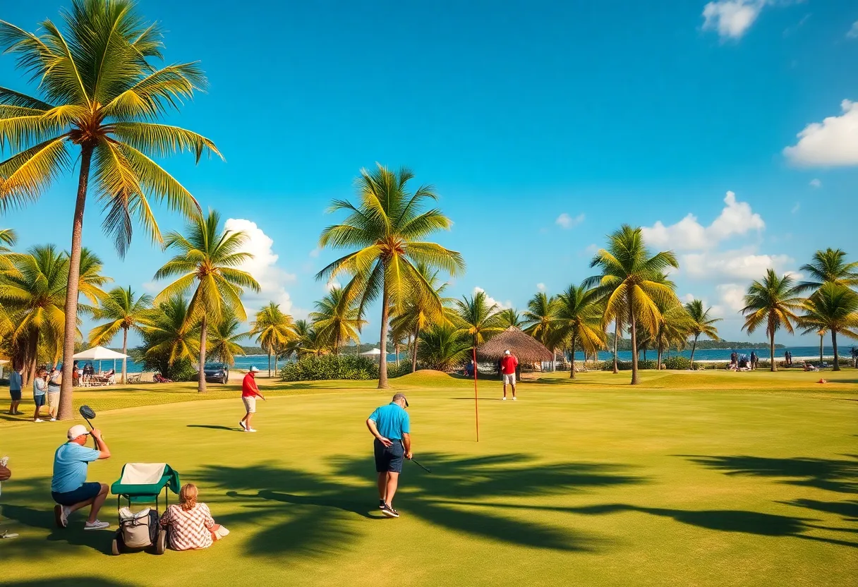 Golfers practicing on a sunny Bahamas golf course during the Hero World Challenge