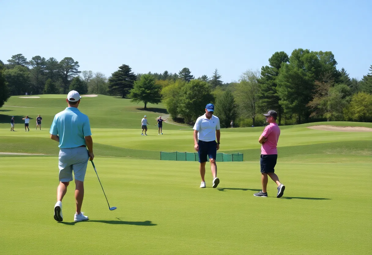Young golfers competing at a high school tournament on a sunny day.