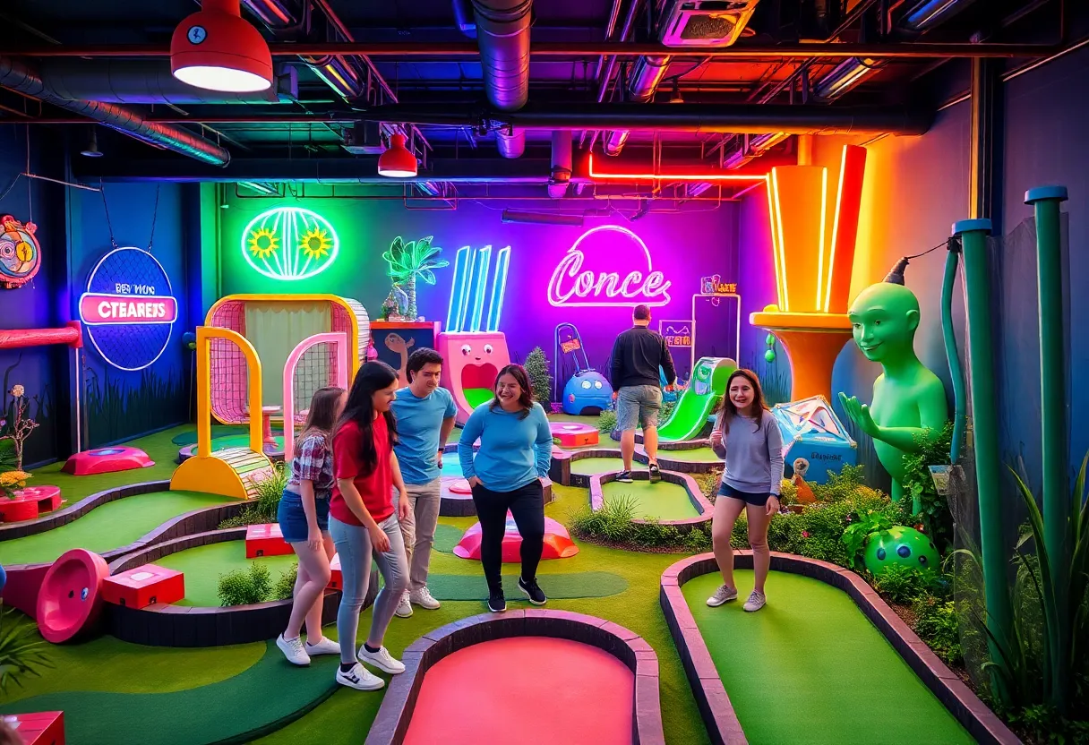 Friends enjoying mini-golf at Holey Moley Golf Club.
