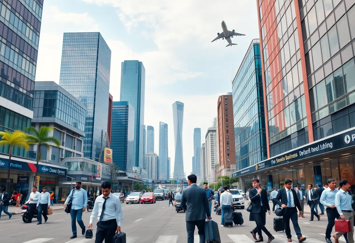 A vibrant Indian cityscape showcasing business travel and corporate culture.