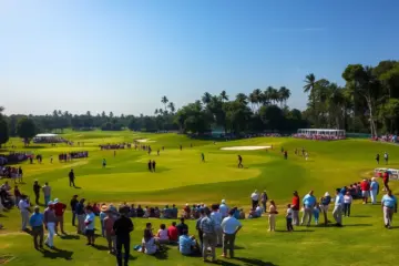 Dynamic scene from an Indian golf tournament with players and fans