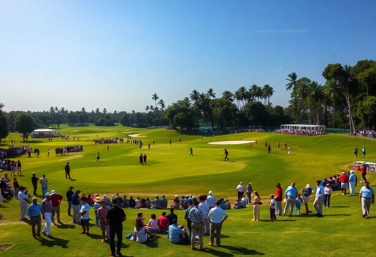 Dynamic scene from an Indian golf tournament with players and fans