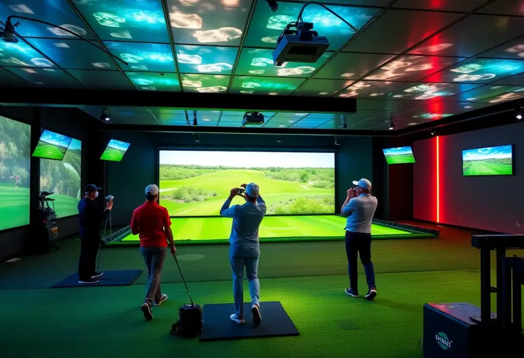Indoor golf players using advanced technology in a modern facility