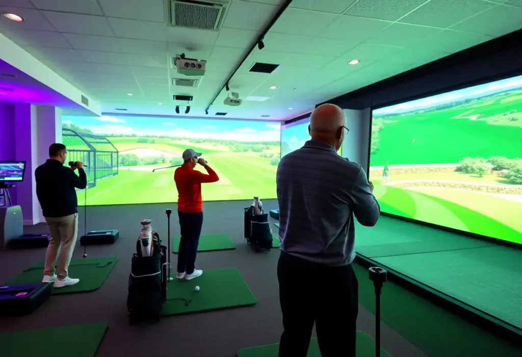 Interior view of the indoor golf facility in Wooster with golfers using simulators.