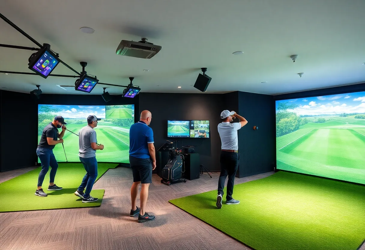 Golf players at indoor simulator facility in Augusta