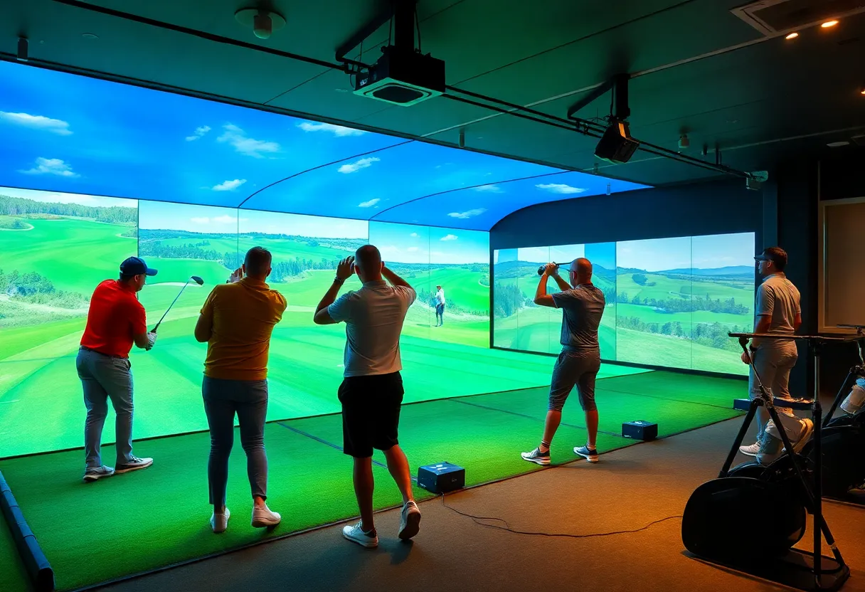Group of friends enjoying an indoor golf simulator experience