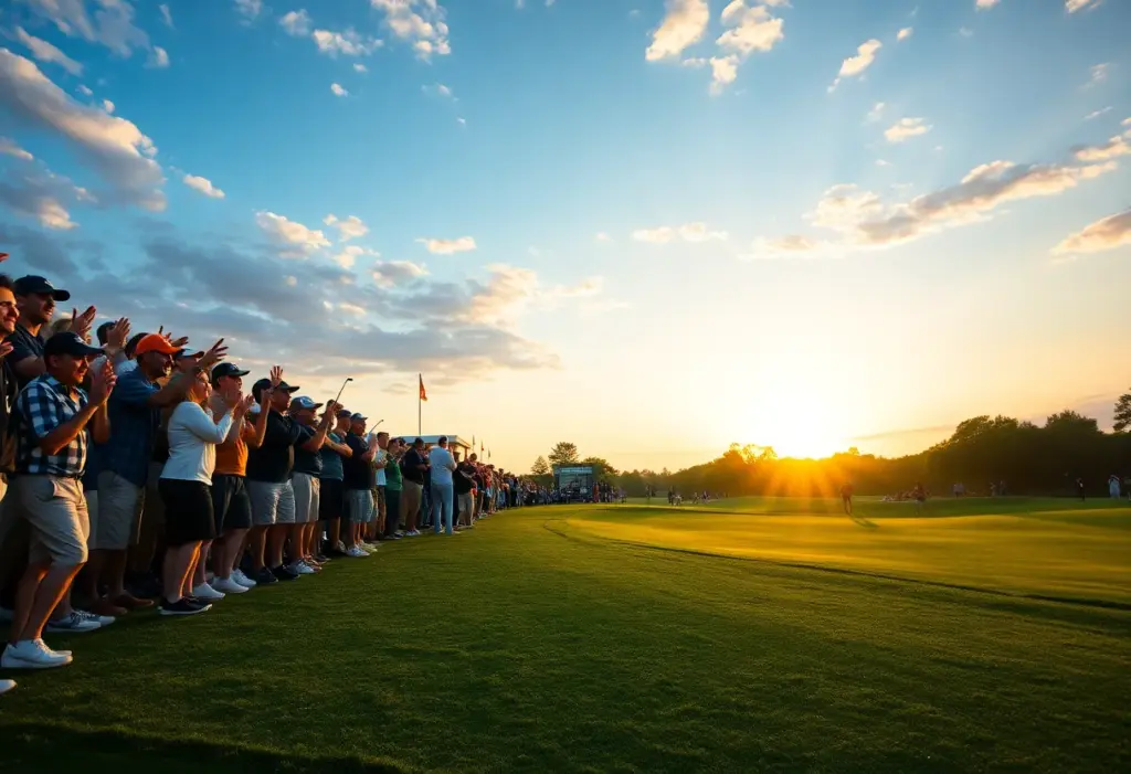 Golf tournament with fans and players at sunset