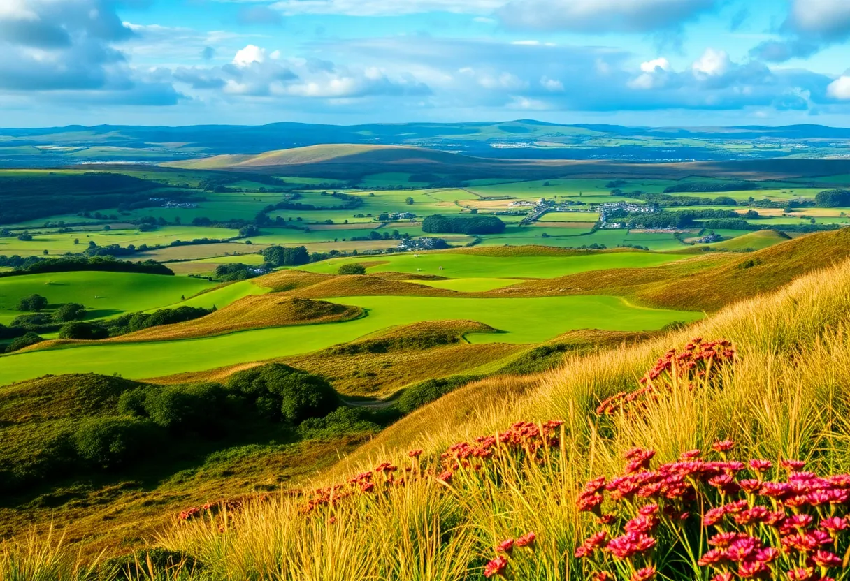 A beautiful view of an Irish golf course surrounded by breathtaking landscapes.