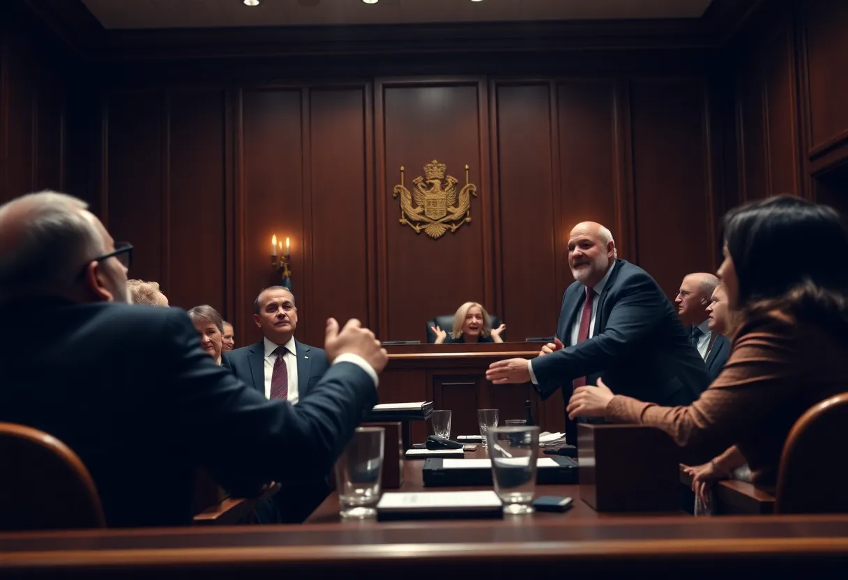 A courtroom scene with a sense of victory