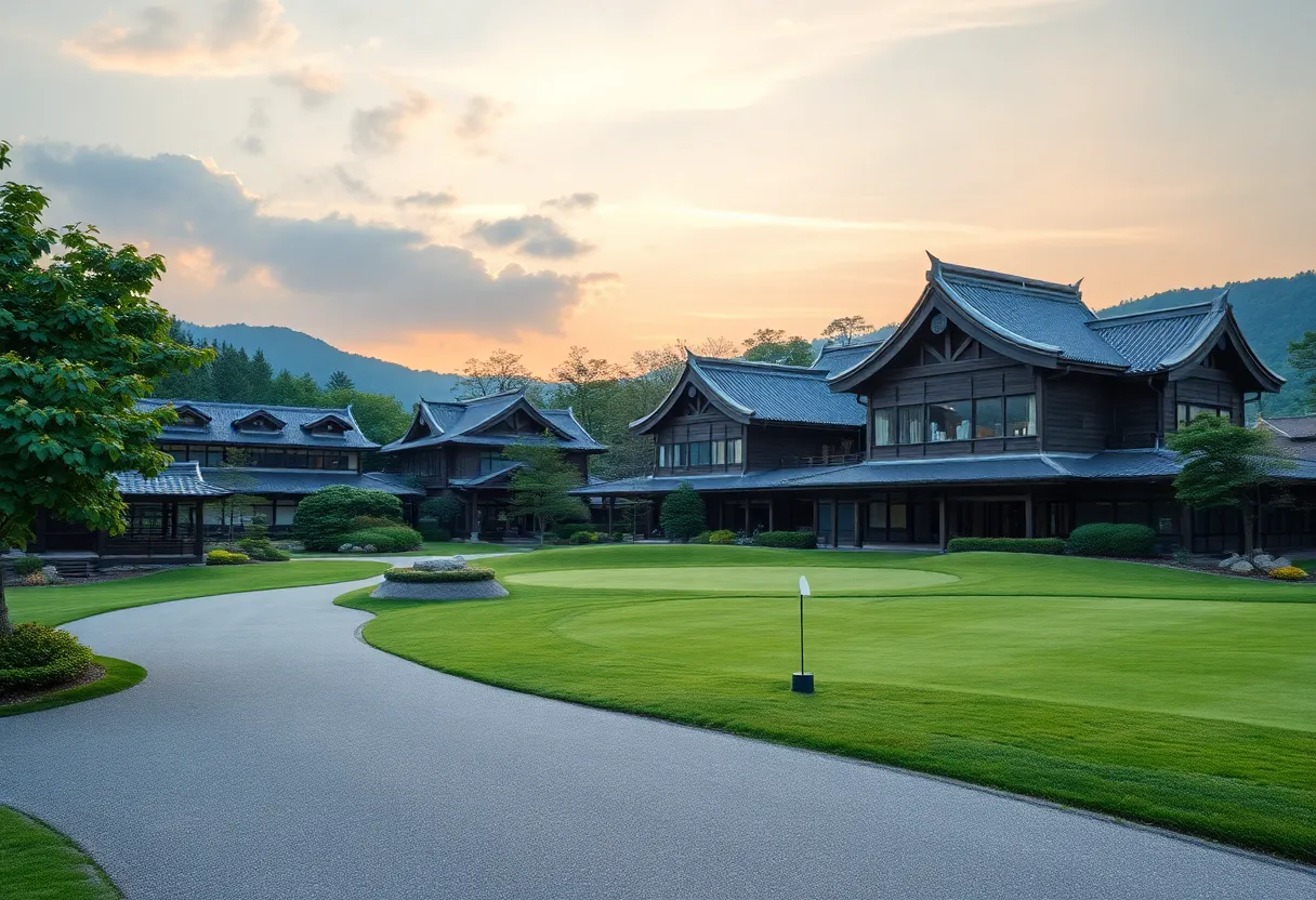 A scenic view of a golf course in Japan highlighting the blend of traditional and modern design.