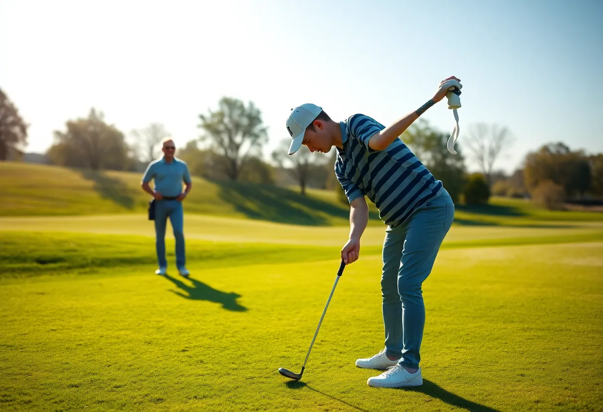 A young golfer practicing on the course with friends.