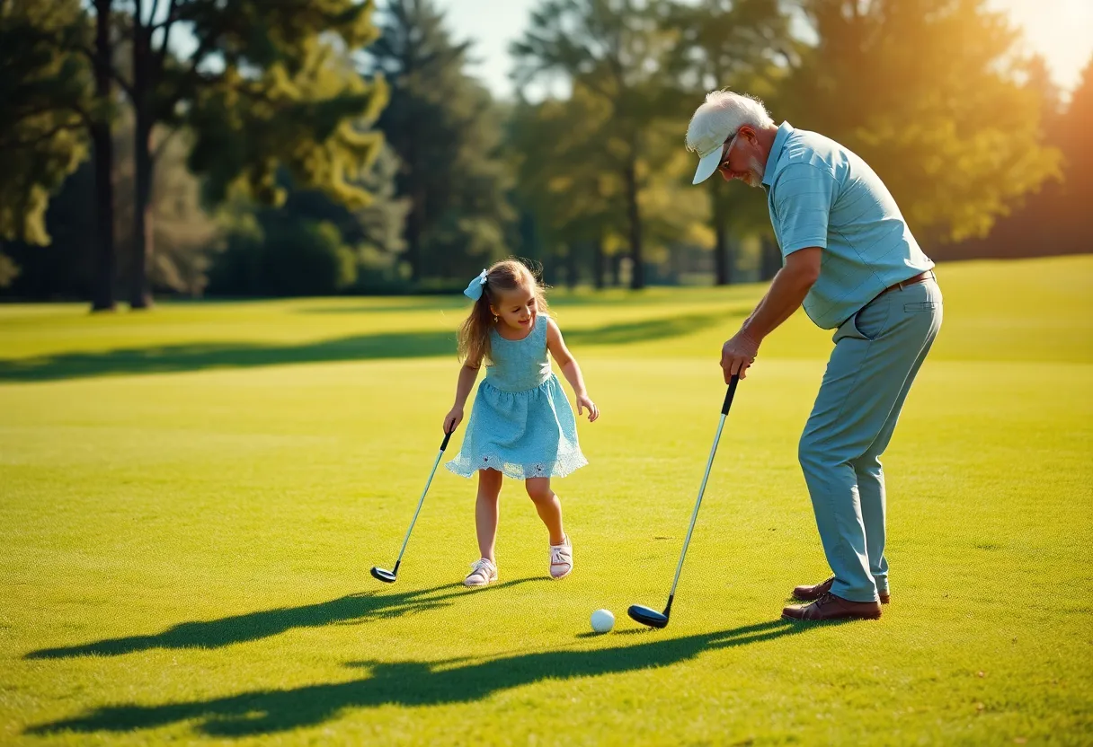 A grandfather and granddaughter enjoying a round of golf together.