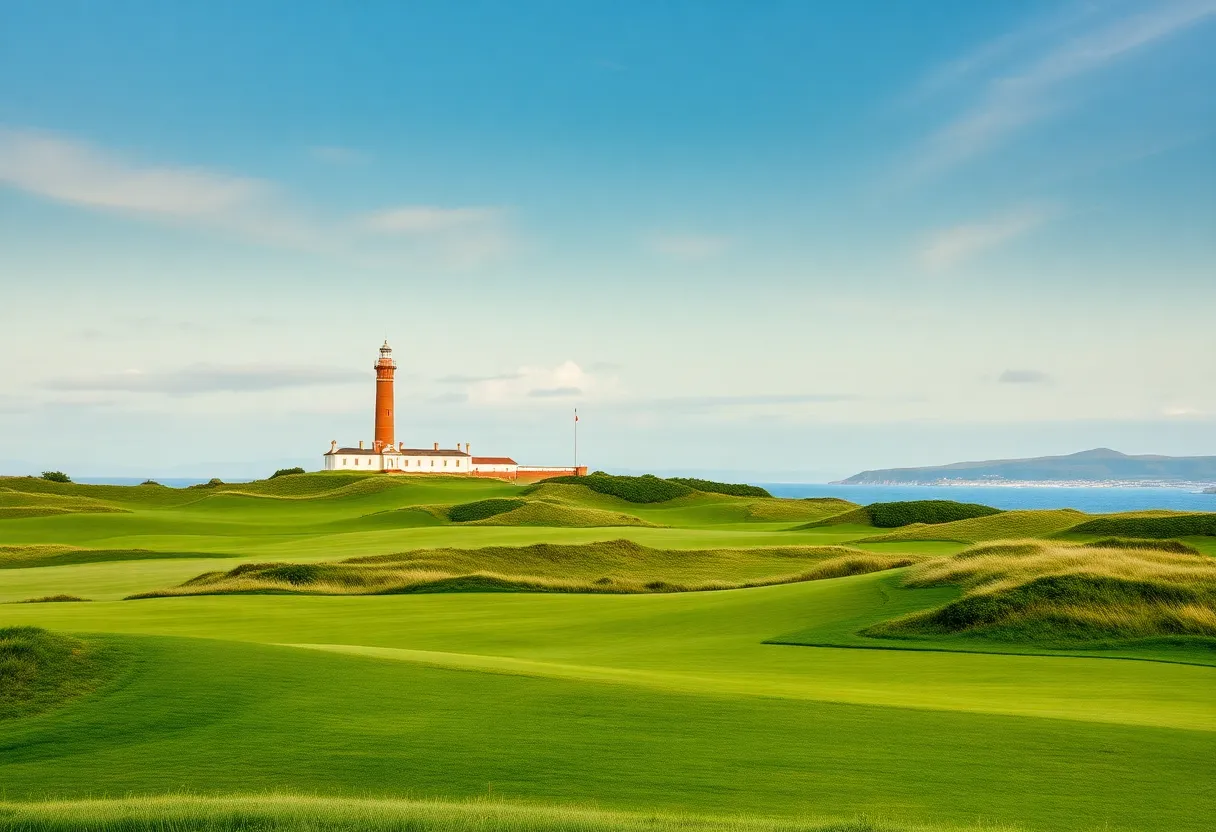 Scenic view of King Robert the Bruce golf course with Turnberry Lighthouse.