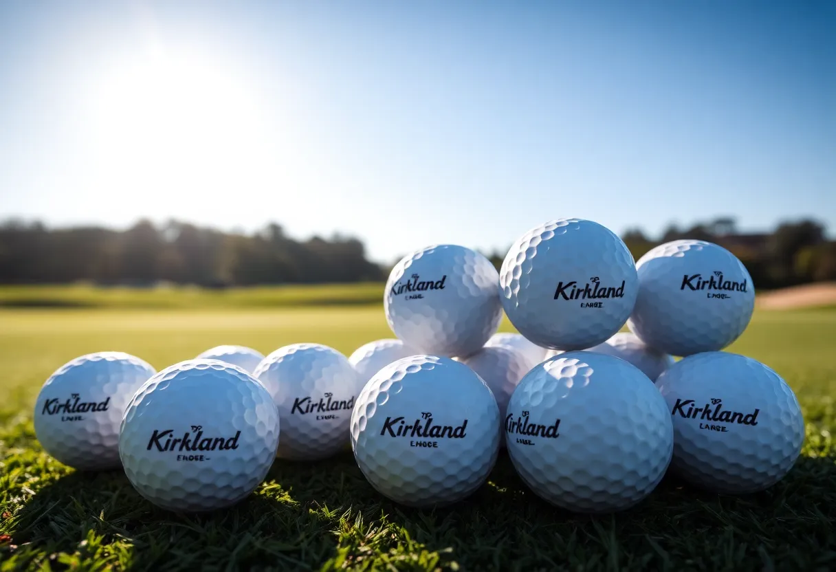 Display of Kirkland Signature golf balls on a golf course.