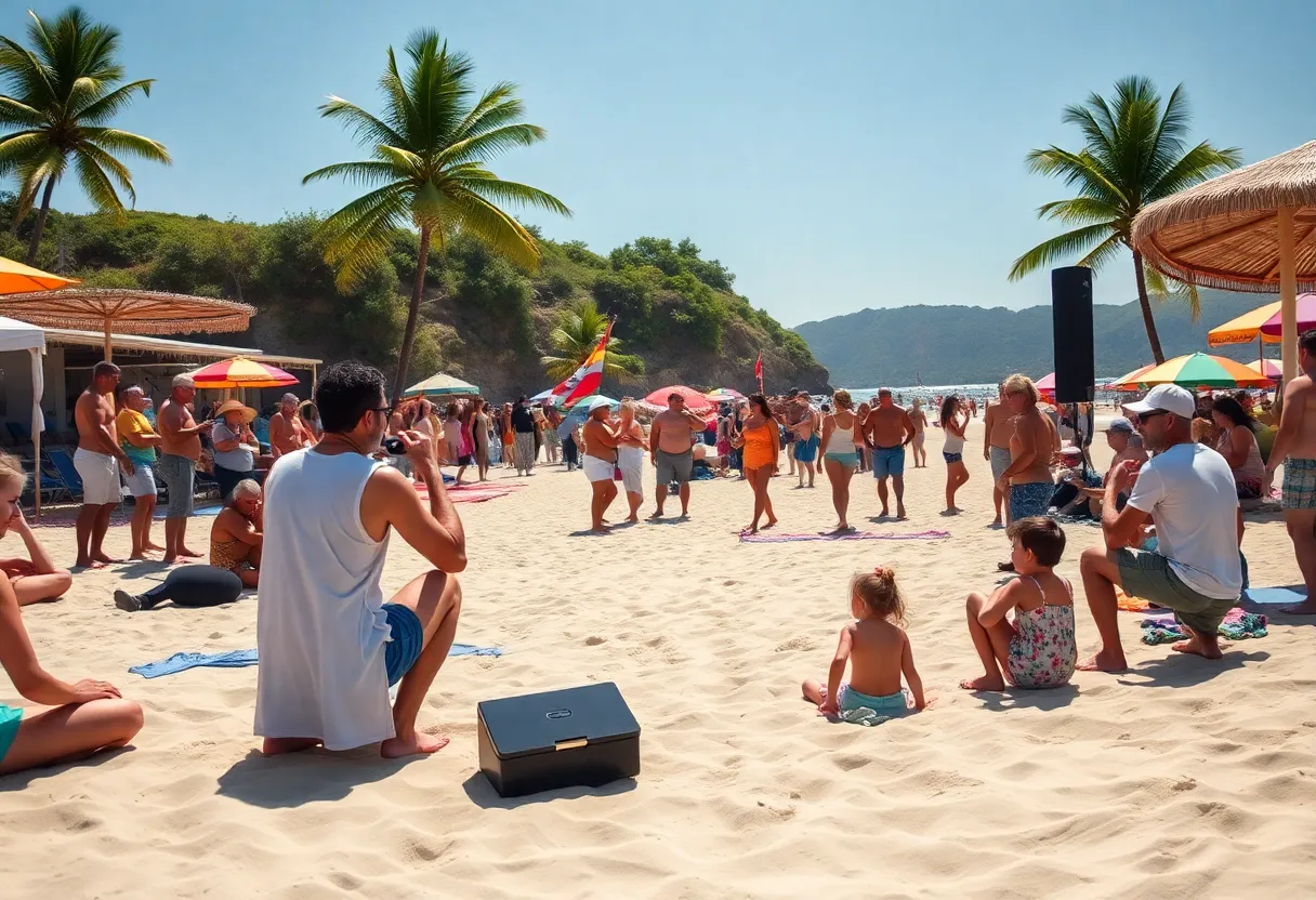Families enjoying a beach weekend with live performances and outdoor activities.