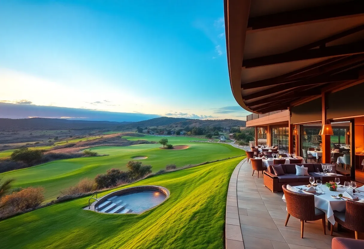 Dining area at a luxury golf resort with scenic views