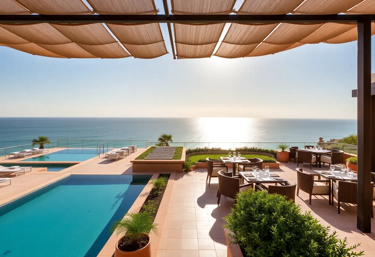 Rendering of the Mondrian Arcaya hotel featuring rooftop dining and pools