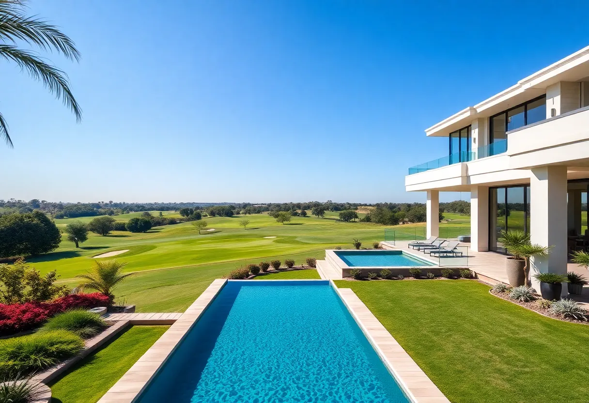 Luxury home showcasing modern architecture next to a golf course