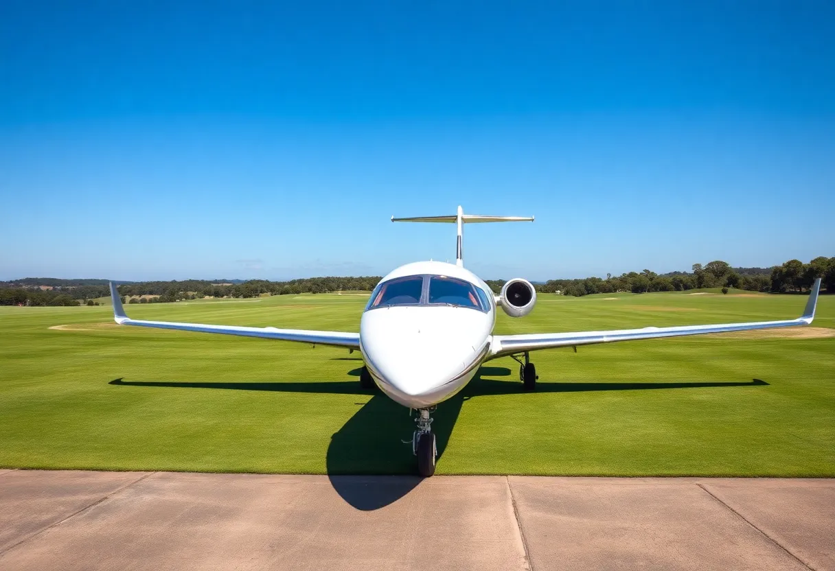 A private jet near a golf course