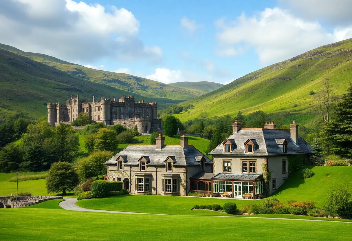 A stunning view of an Irish landscape with a castle and boutique hotel, symbolizing luxury travel.