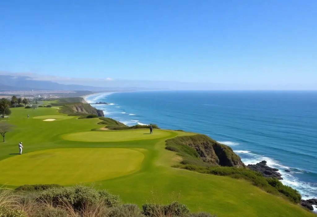 Scenic view of Manele Golf Course with golfers teeing off