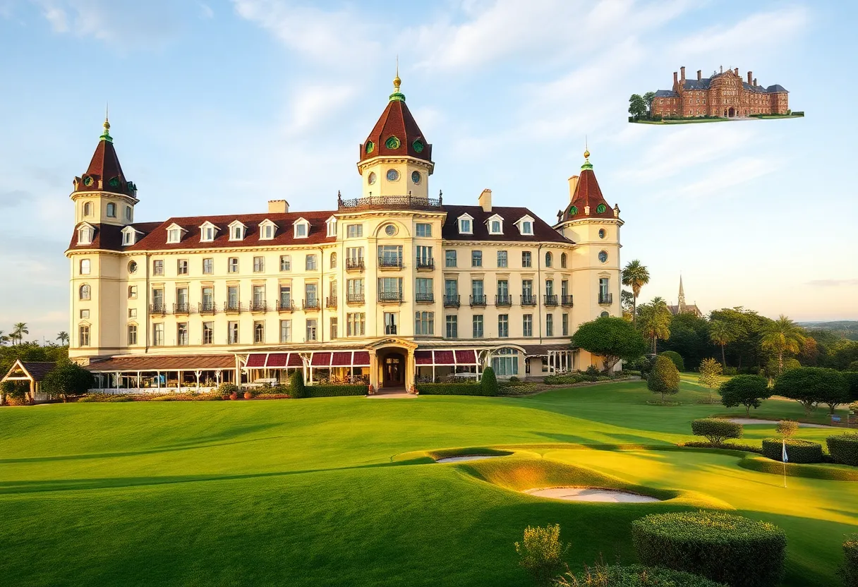 Collage of Marine & Lawn Hotels exteriors and nearby golf courses.