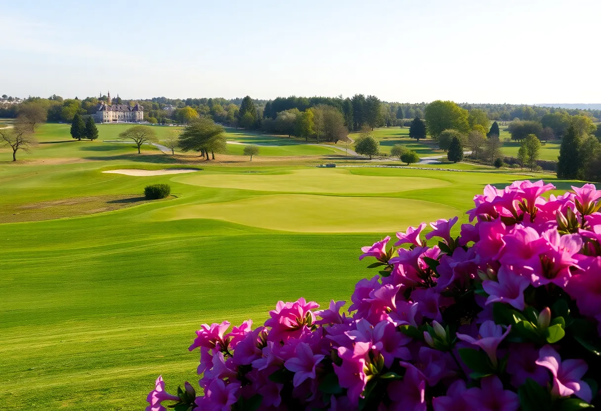 Scenic view of a golf course with vibrant flowers