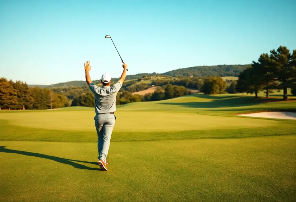 Golfer celebrating after a successful slam dunk eagle shot