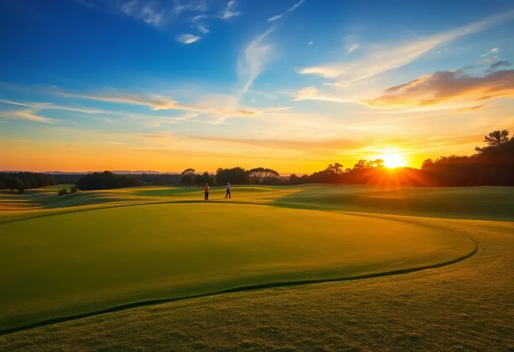 A golf course during a professional tournament showcasing players in action.
