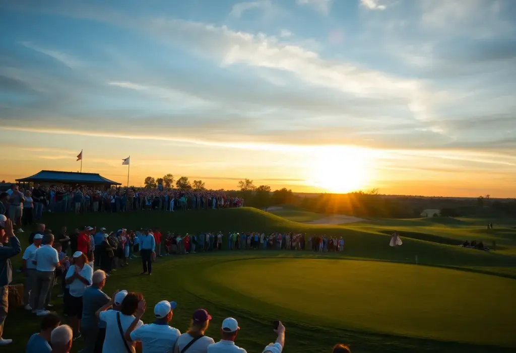 Crowd cheering on a golf course with a beautiful sunset