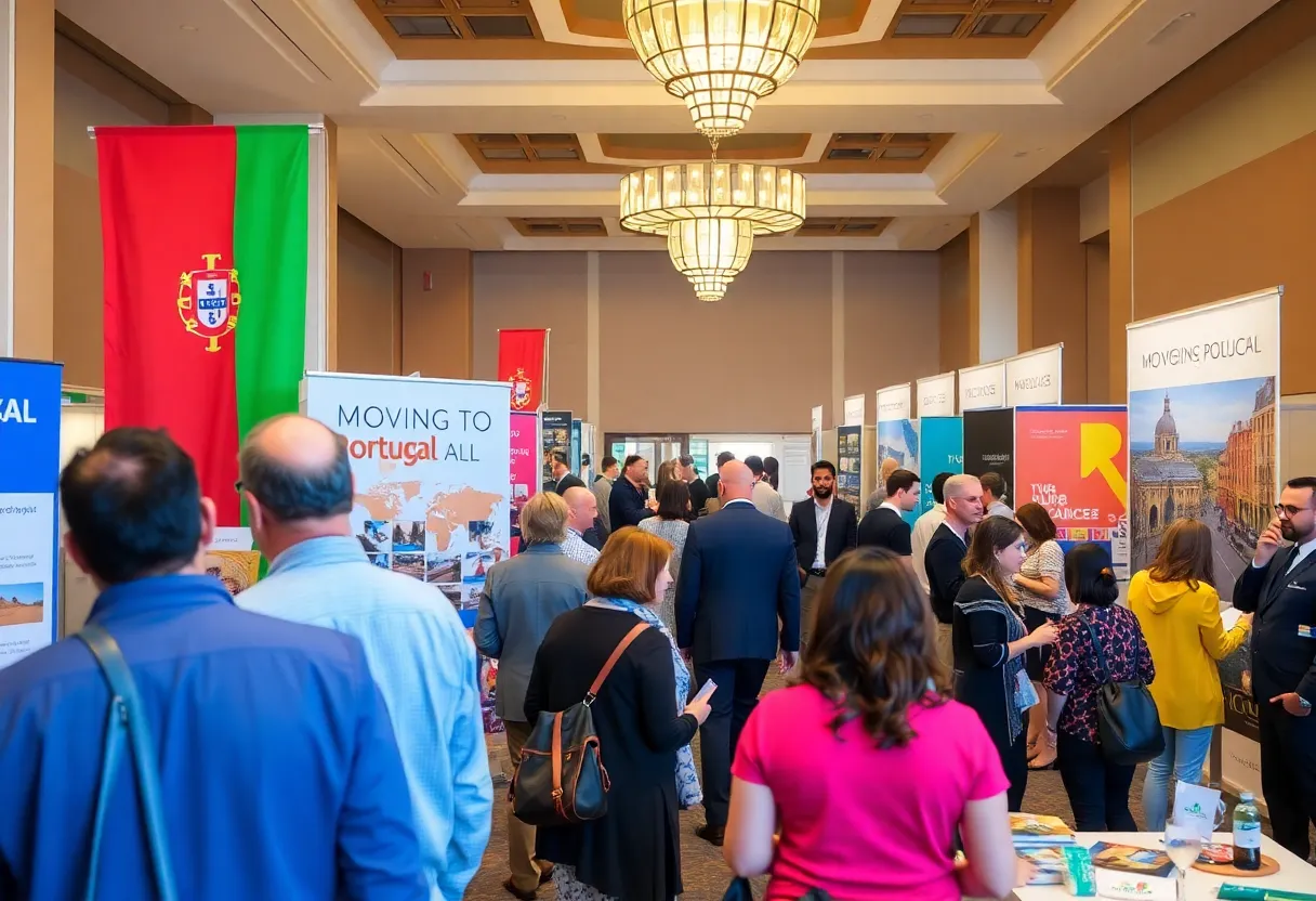 A lively exhibition area showcasing the Moving to Portugal Show.