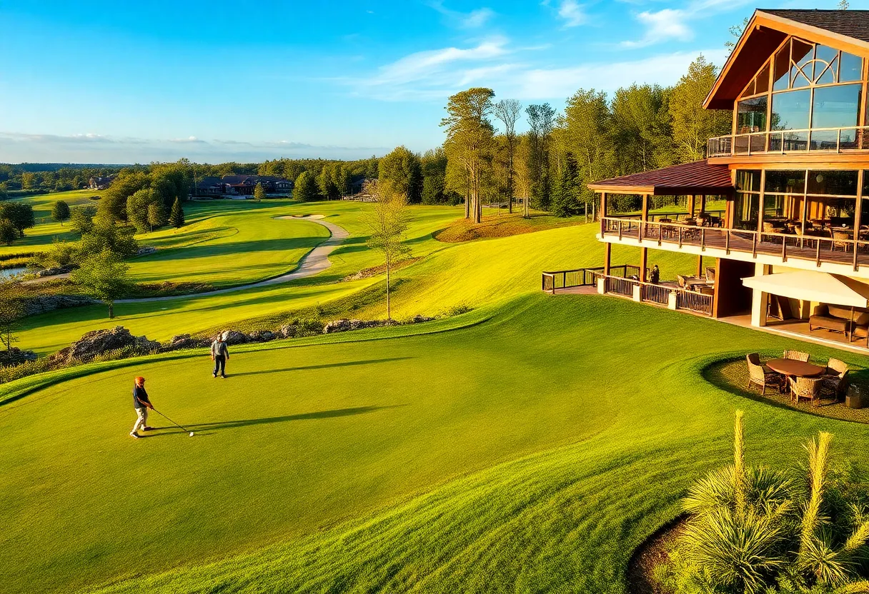 Representation of the Mulholland Hills Country Club showcasing the modern golf course and dining area.