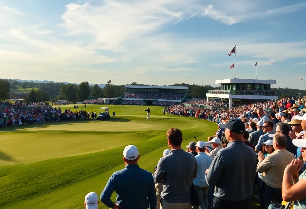 Spectators enjoying a national open golf tournament at a scenic course.