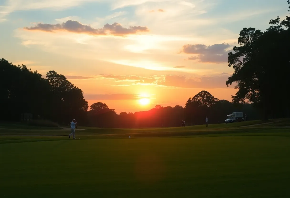 Scenic view of a golf course during sunset