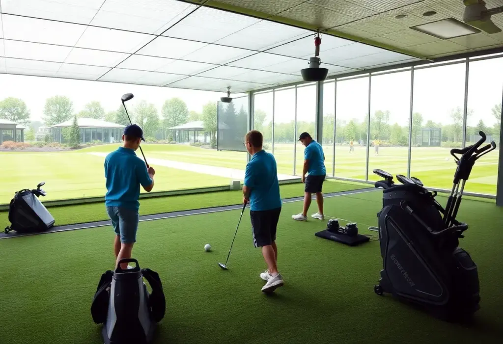 Young golfers training at a modern facility with advanced equipment