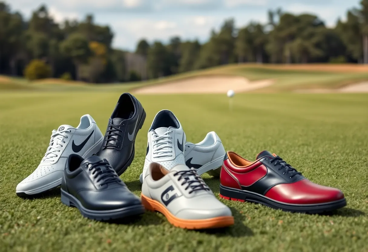 Various Nike golf shoes showcased on a golf course.