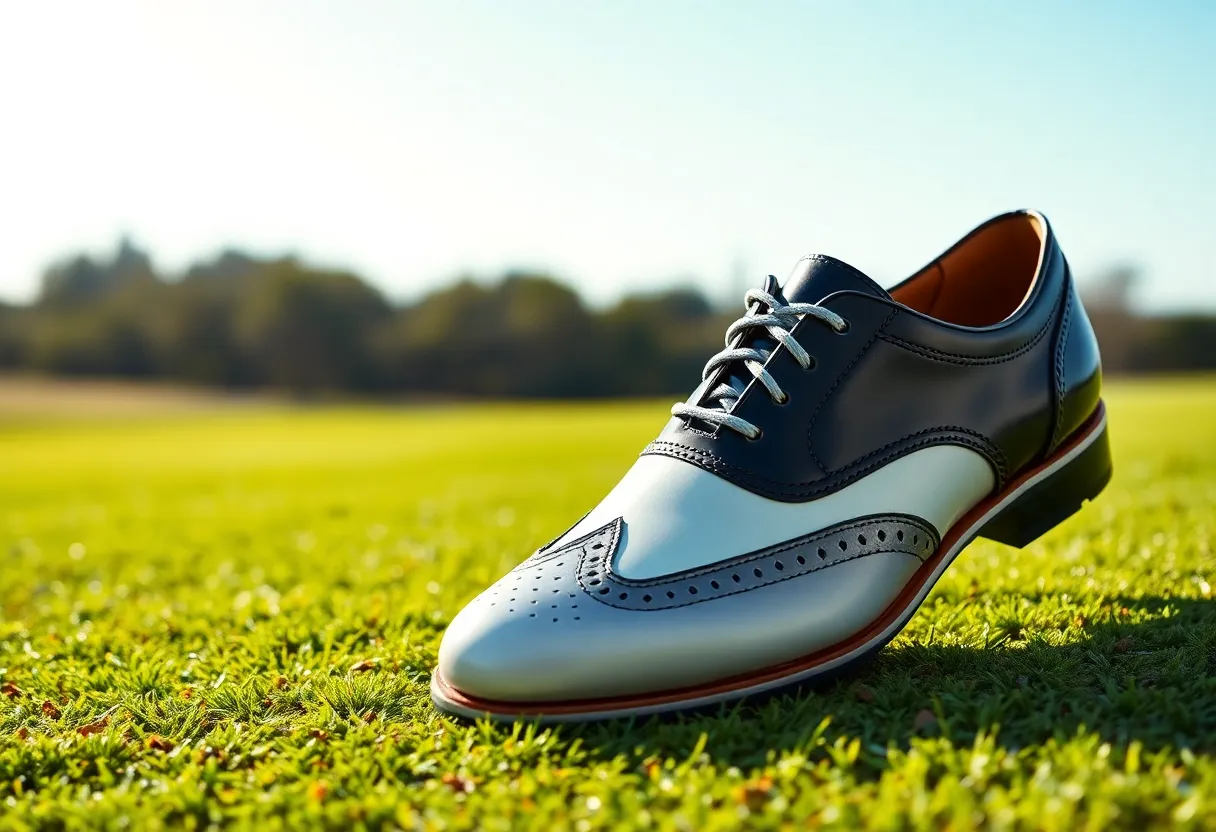 A pair of Nike Lunar Clayton golf shoes with a wingtip design.