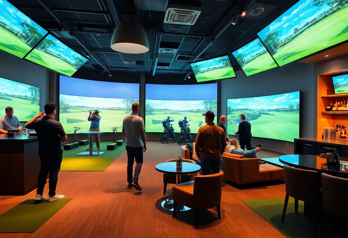 Interior view of Okanagan Virtual Golf facility showcasing golf simulators and lounge area.