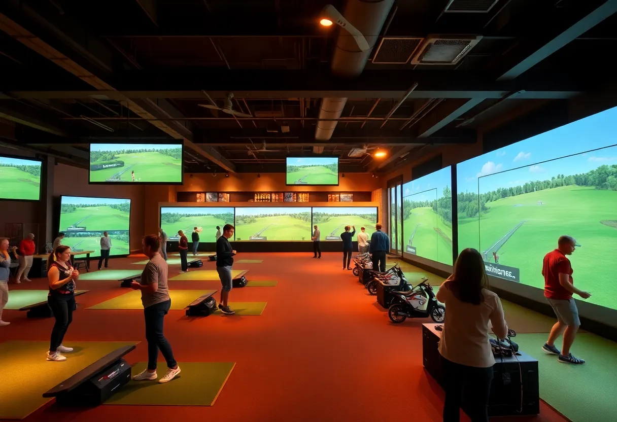 Indoor virtual golf experience with players and bar area