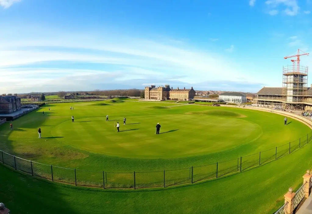 The Old Course at St. Andrews with golfers and renovation preparations.