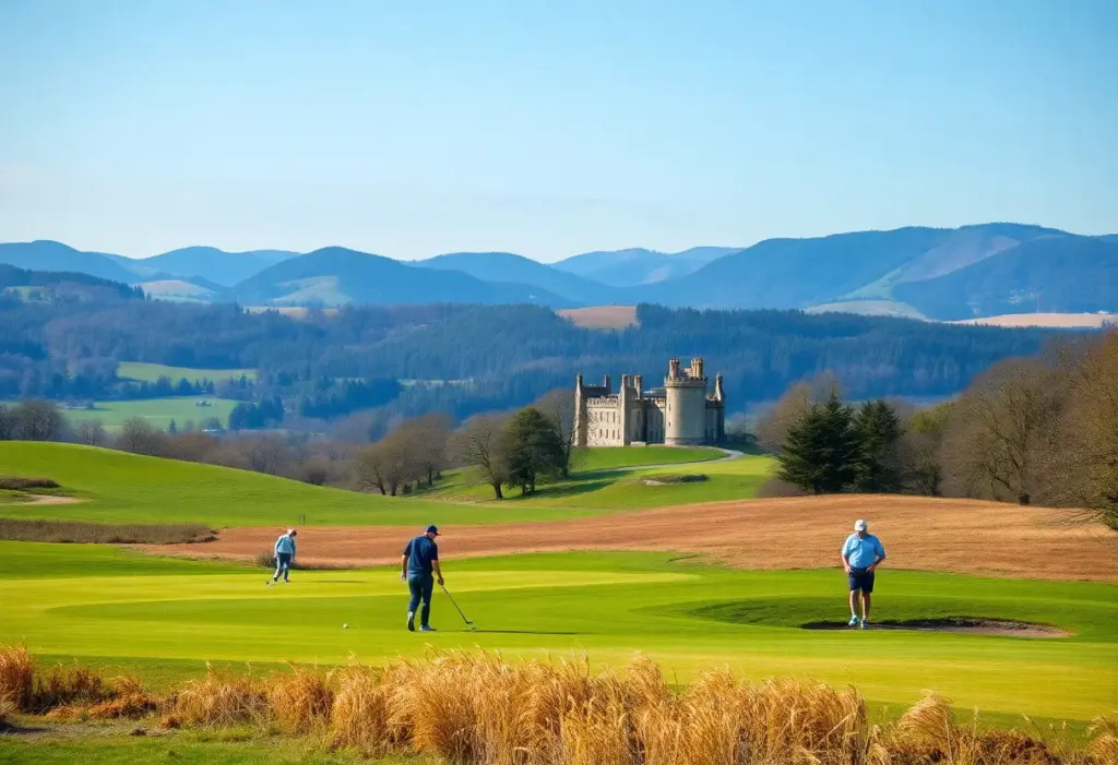 Golfers playing at Old Petty Golf Course with Castle Stuart in the background