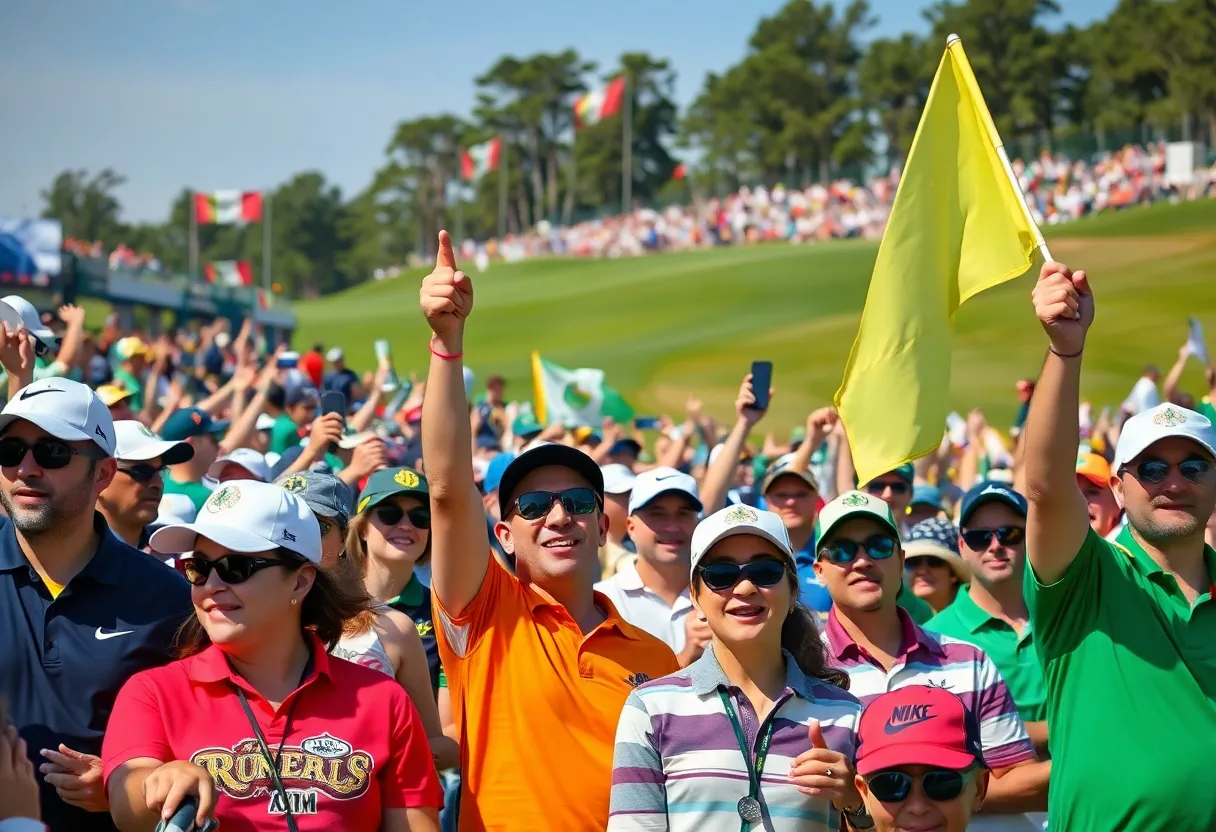 Enthusiastic golf fans celebrating at a tournament