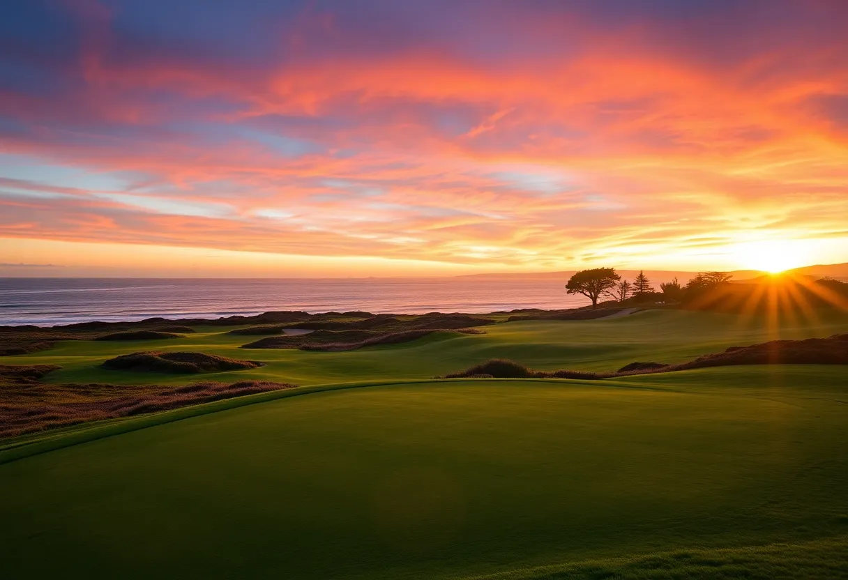 A beautiful sunset view of Pebble Beach golf course with lush greens.