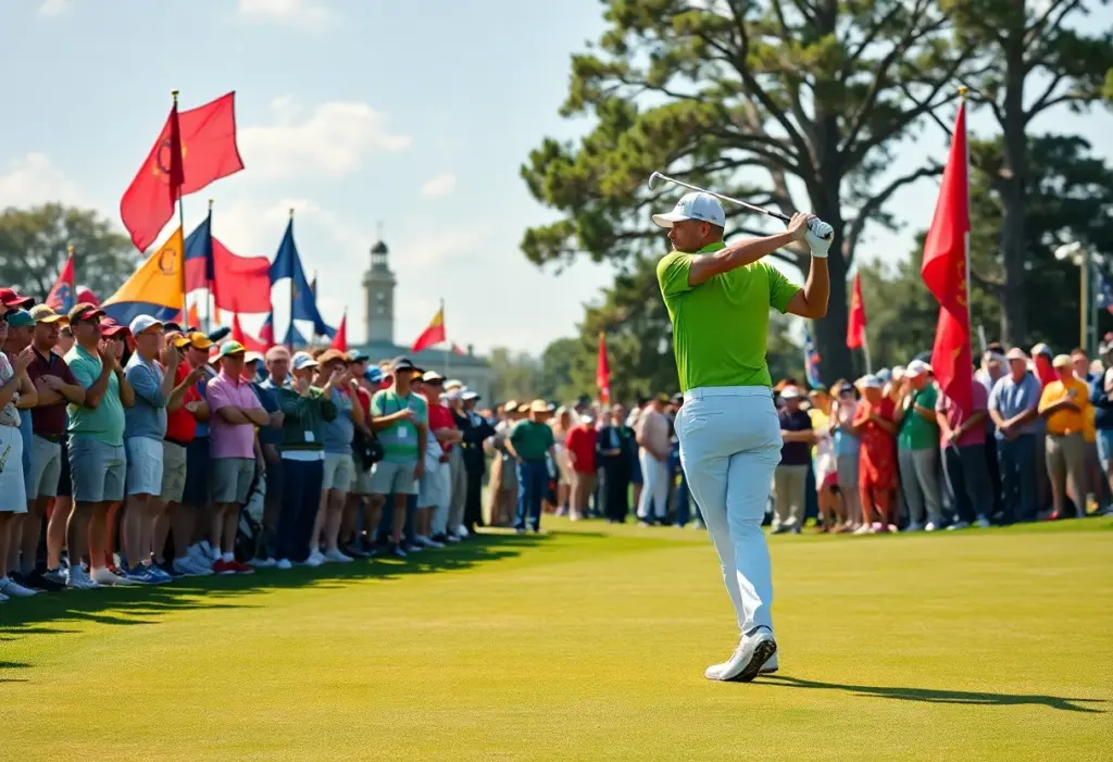 A golfer preparing to swing on a picturesque golf course during a tournament