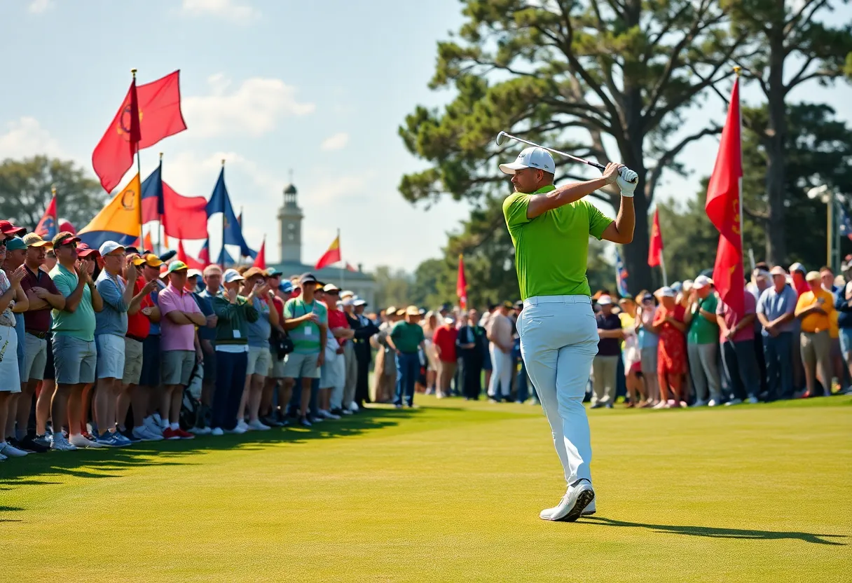 A golfer preparing to swing on a picturesque golf course during a tournament