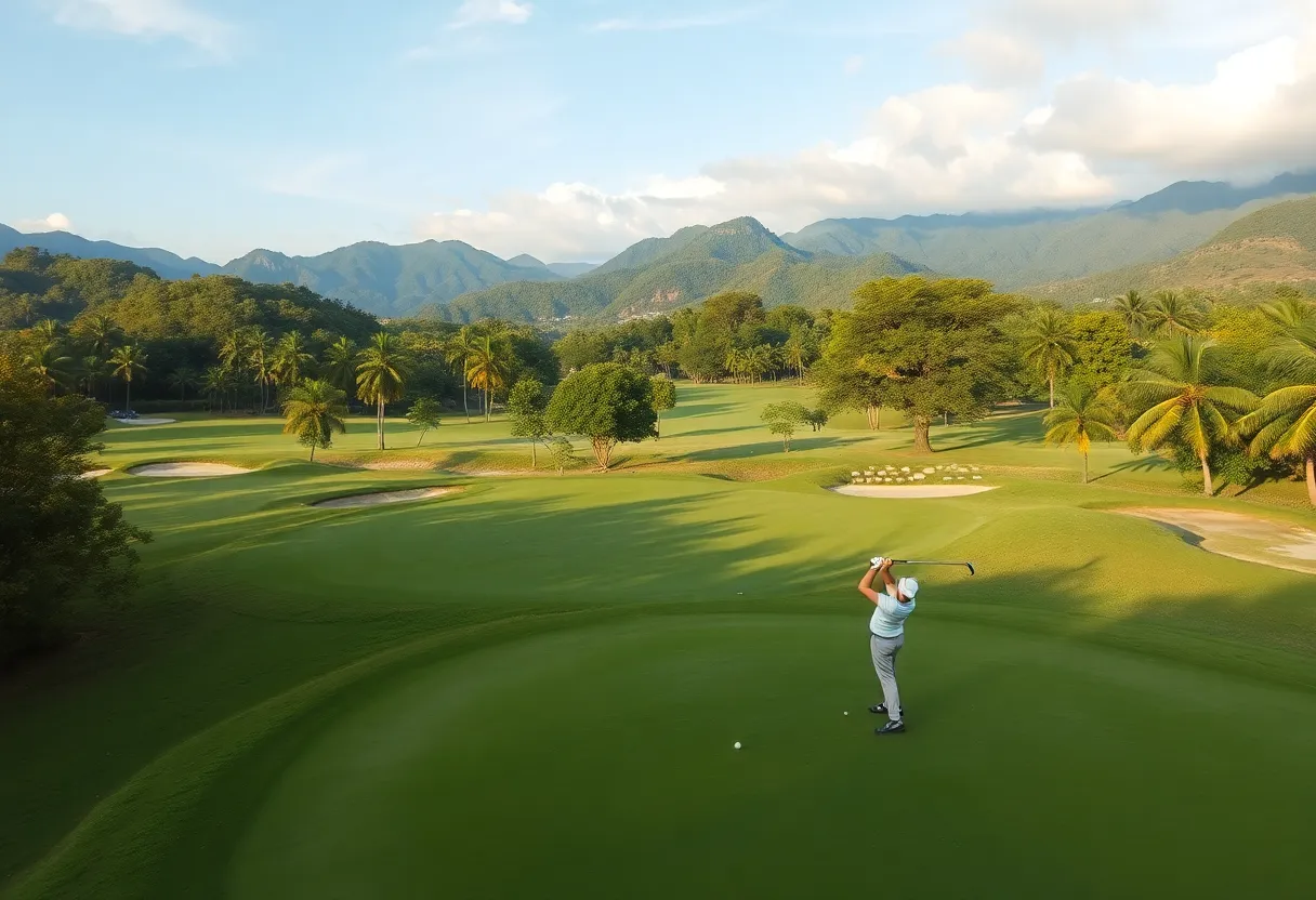 Golfers playing in a tournament at a scenic Philippine golf course.